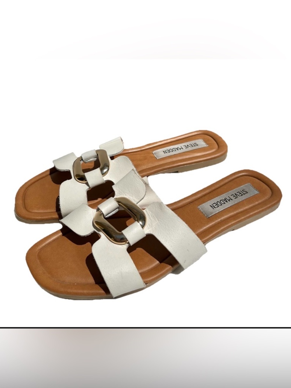 Steve Madden White Gold Buckle Flat Slide Sandals Size 8